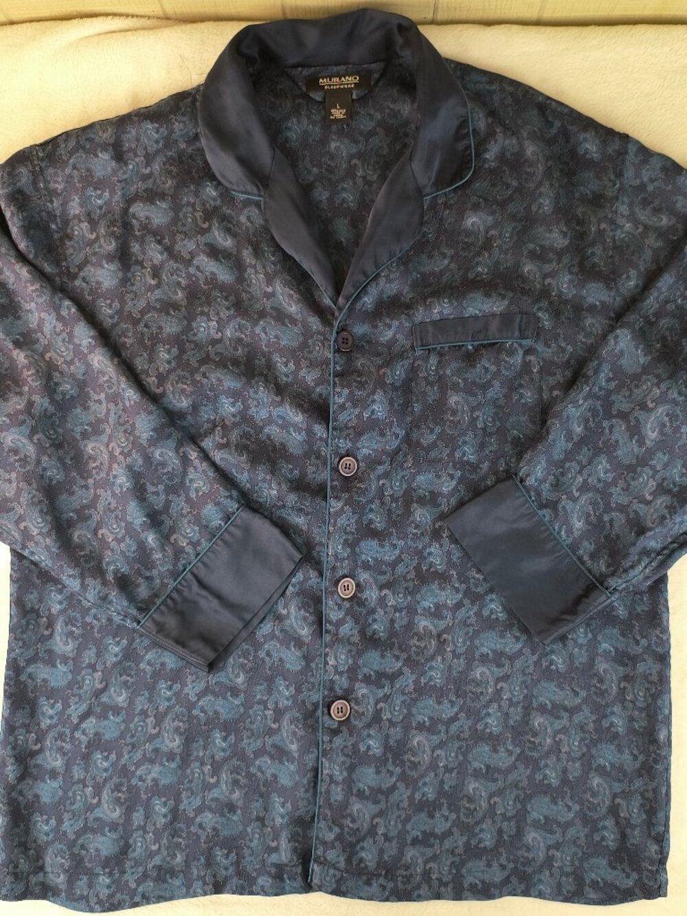 Murano Silk Pajama Top Shirt Dark Blue Paisley Print Classic Men's Large